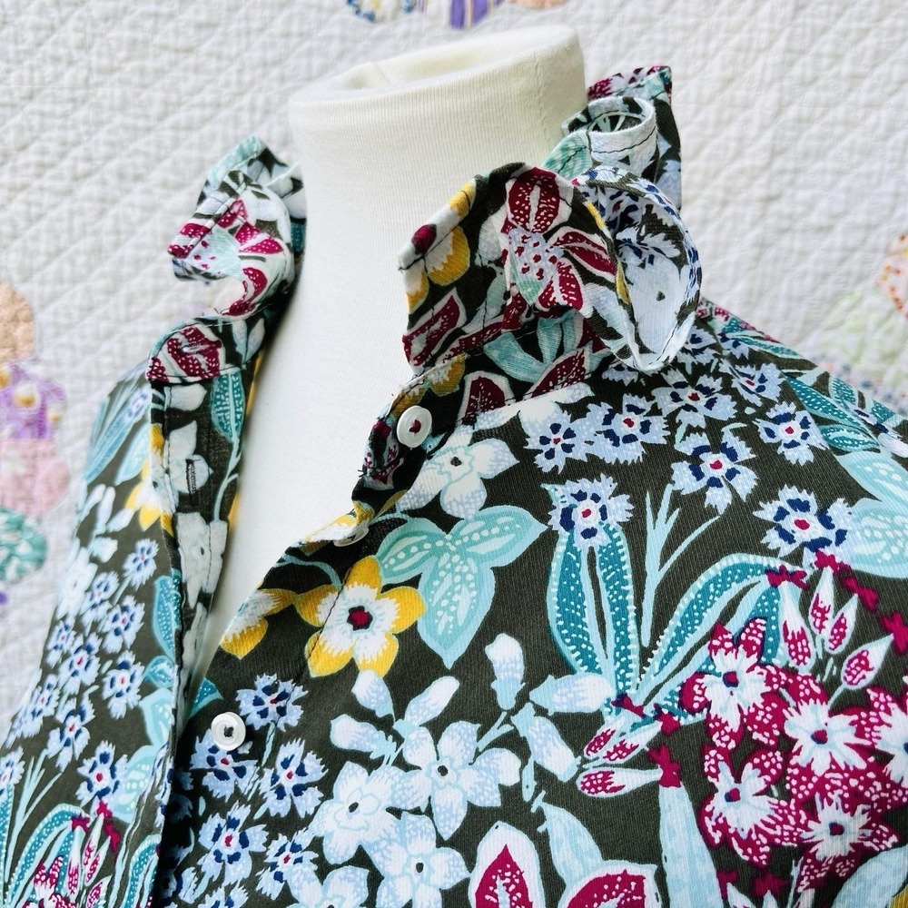 Upcycled Fairycore Talbots Loden Green Floral Long Sleeve Ruffle Collar Shirt M - Picture 3 of 9